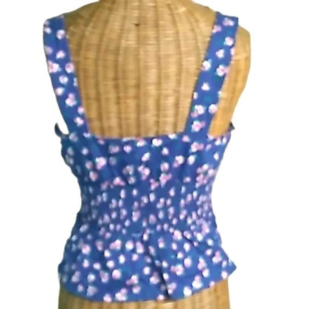 Express Blue Ditsy Floral Square Neck Sleeveless Peplum Smocked Blouse - Picture 3 of 4